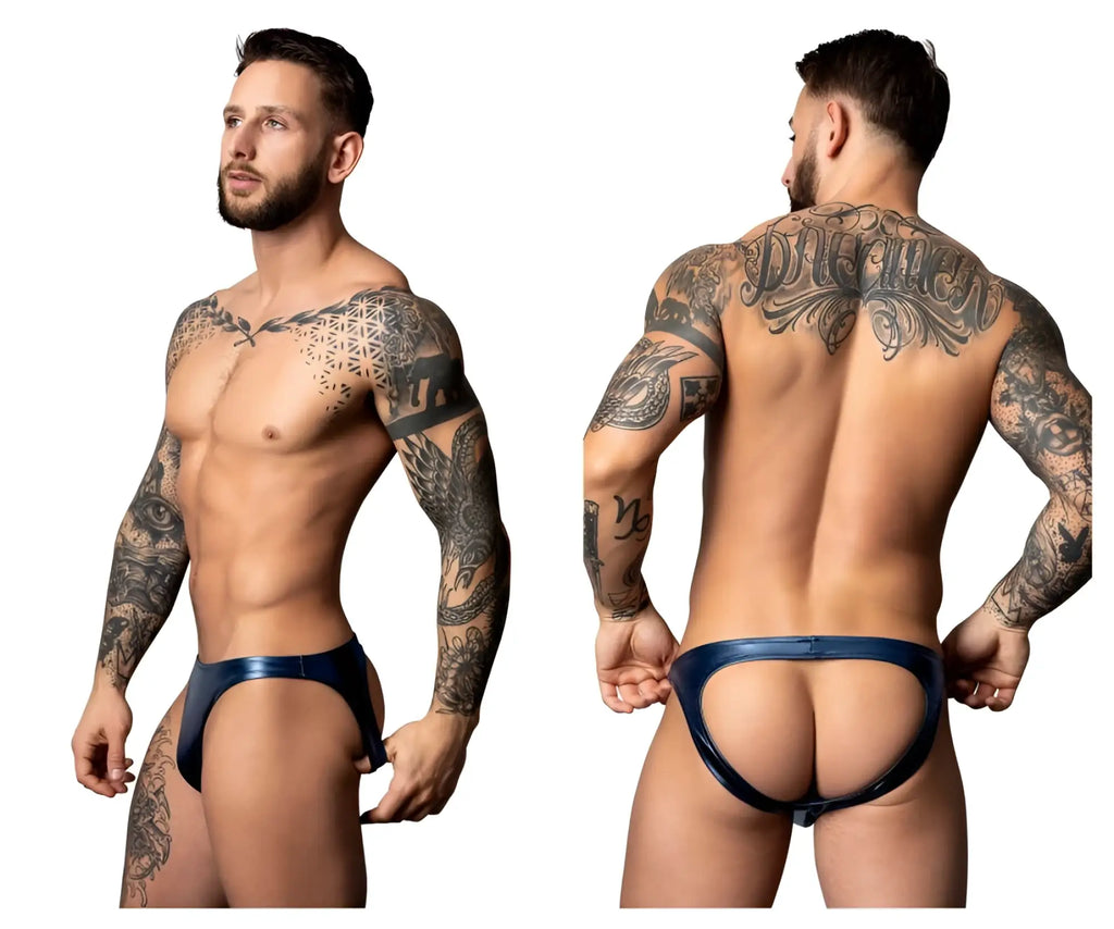 Male power 300-301 liquid onyx 2.0 moonshine navy blue shiny latex briefs front view