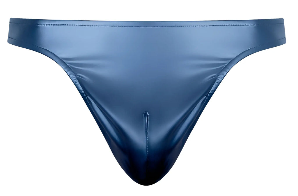 Blue patent leather thong with subtle gradient and stitched seams from male power liquid onyx 2.0 moonshine series