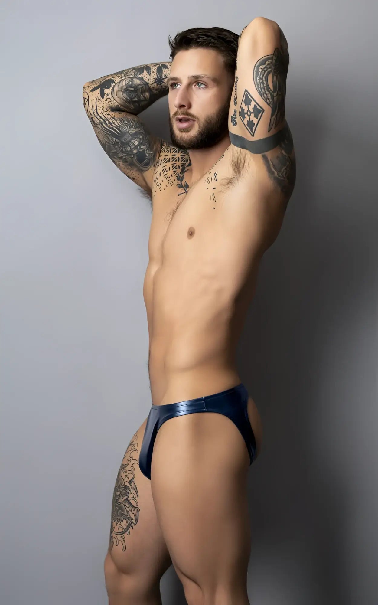 Shiny navy blue metallic male power 300-301 liquid onyx 2.0 moonshine briefs in blue color