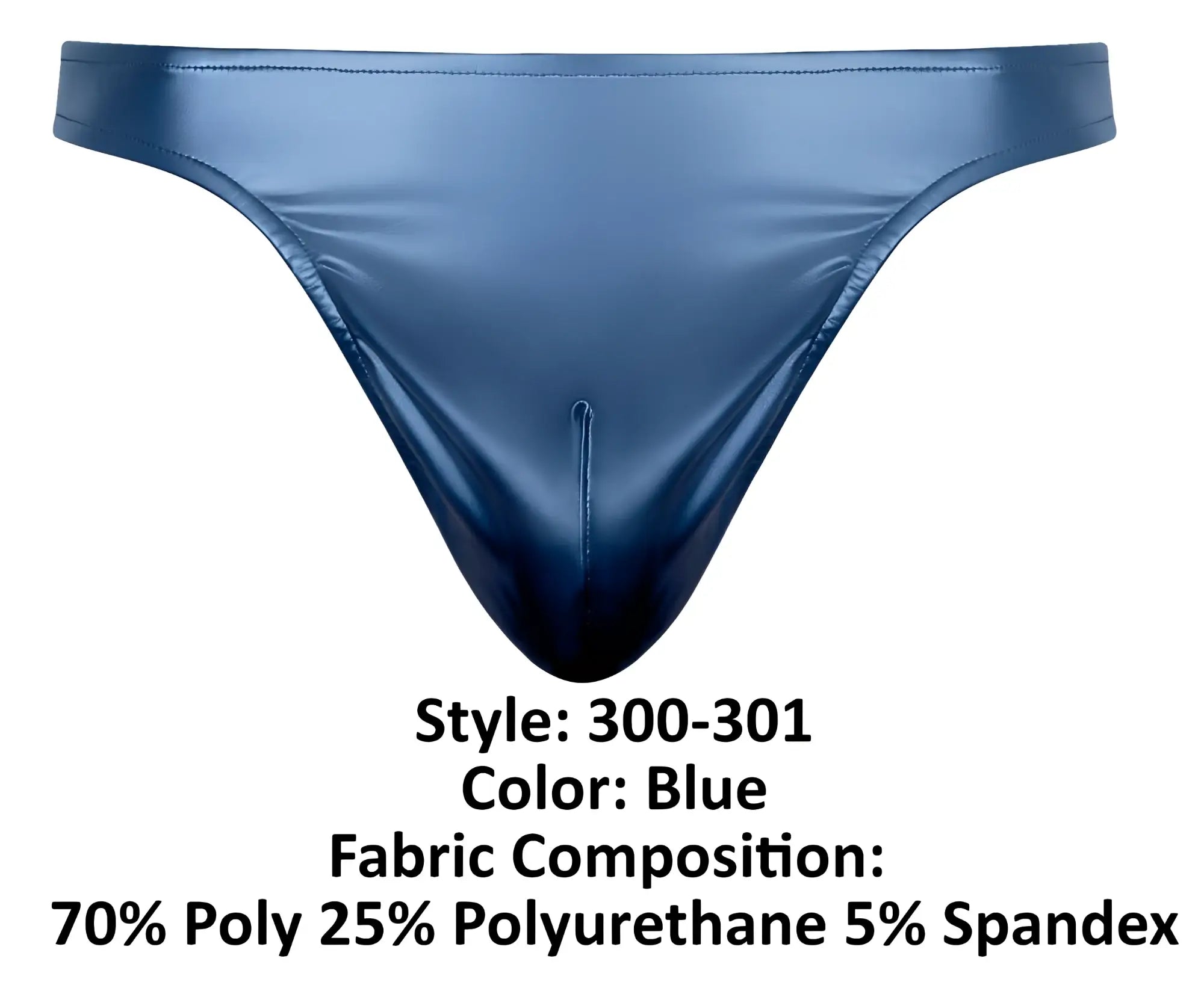 Blue shiny Male Power 300-301 Liquid Onyx 2.0 thong made of 70% polyester 25% polyurethane and 5% spandex