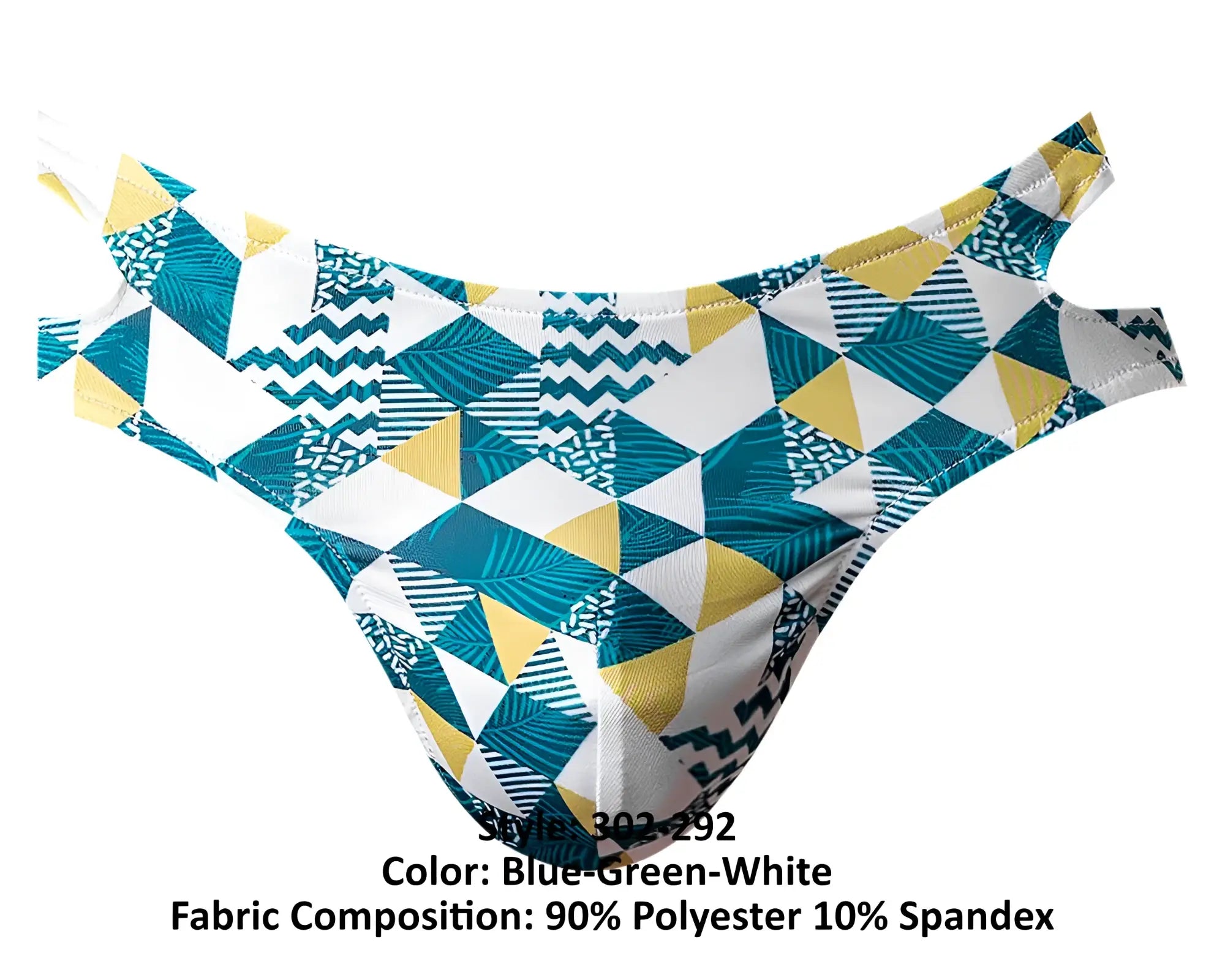 Blue-green and white geometric patterned mens briefs made of 90 polyester 10 spandex by male power