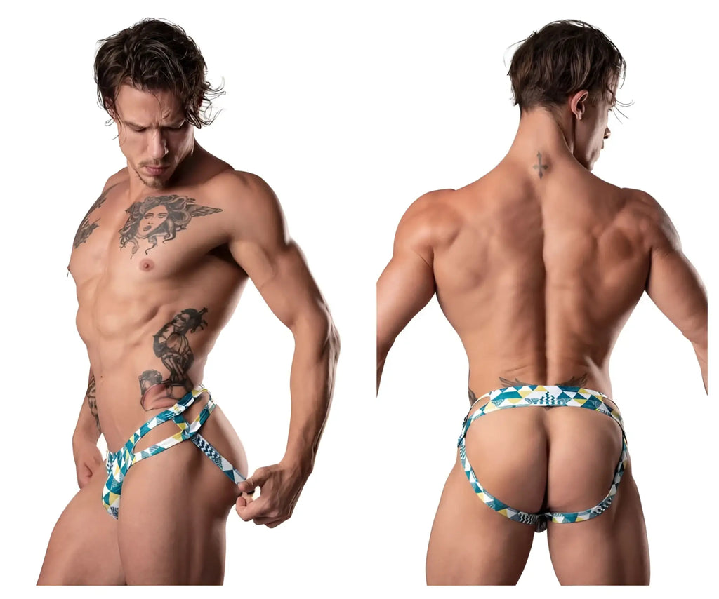 Men’s male power 302-292 cut it out briefs in blue green white with blue and white geometric pattern and distinctive design