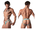 Men’s male power 302-292 cut it out briefs in blue green white with blue and white geometric pattern and distinctive design