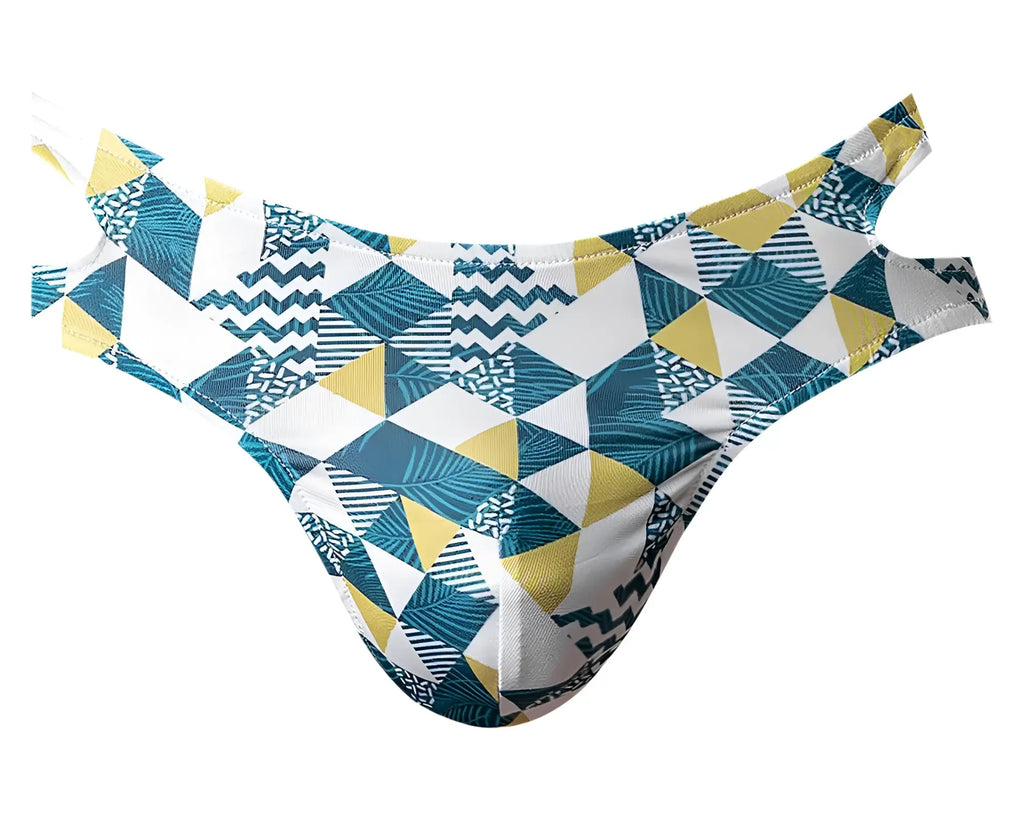 Male Power 302-292 men’s thong in blue green white with bold geometric zigzag and leaf patterns