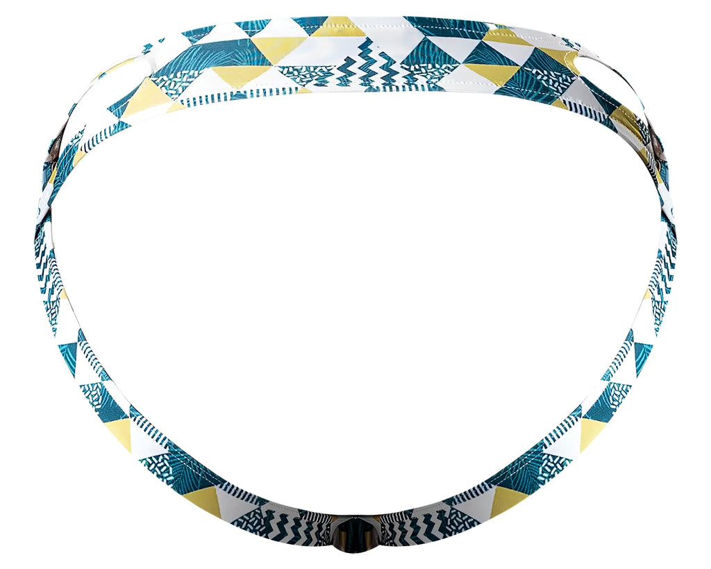 A stylish adjustable headband with a blue green white geometric triangle pattern and black line designs by male power