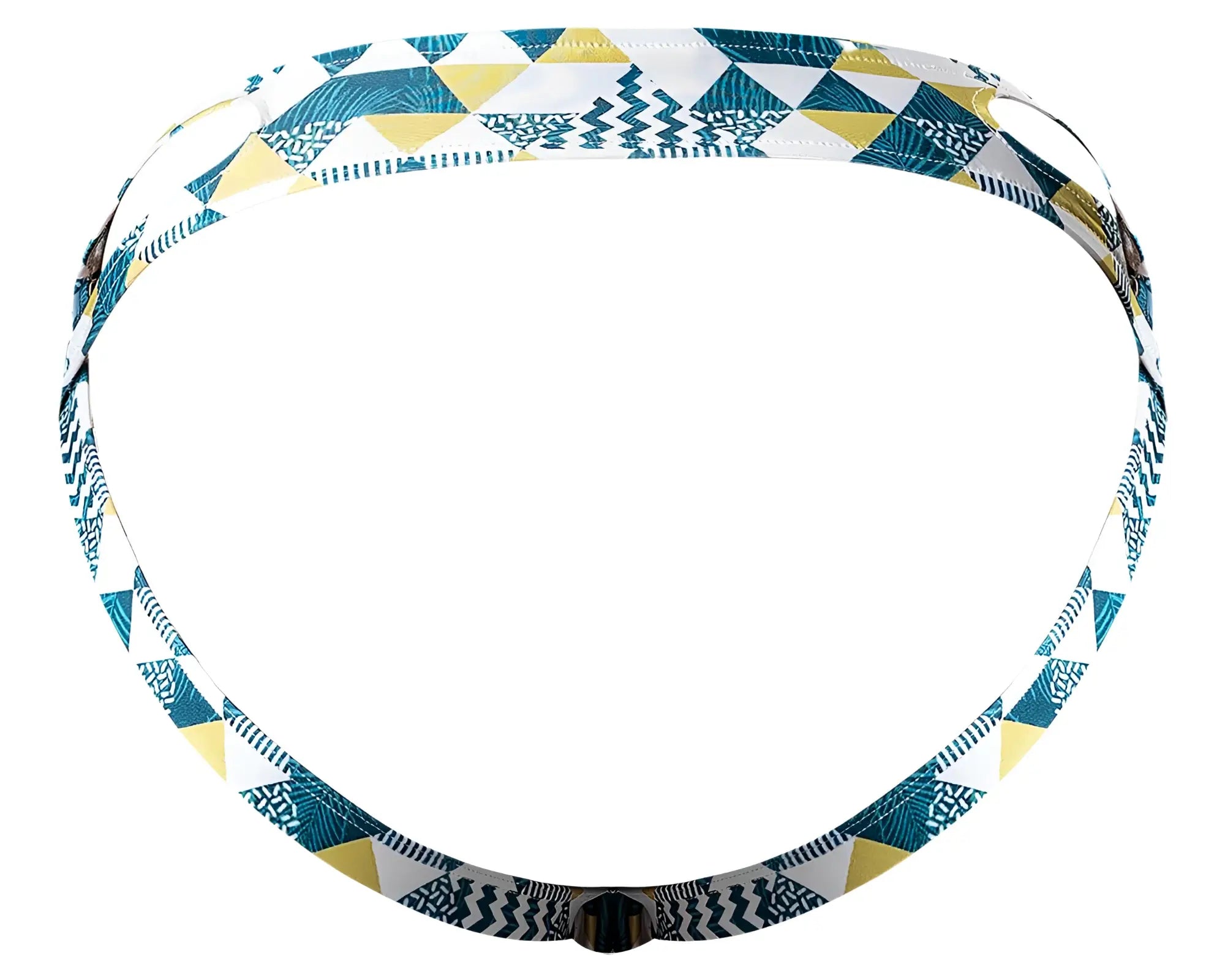 A stylish adjustable headband with a blue green white geometric triangle pattern and black line designs by male power