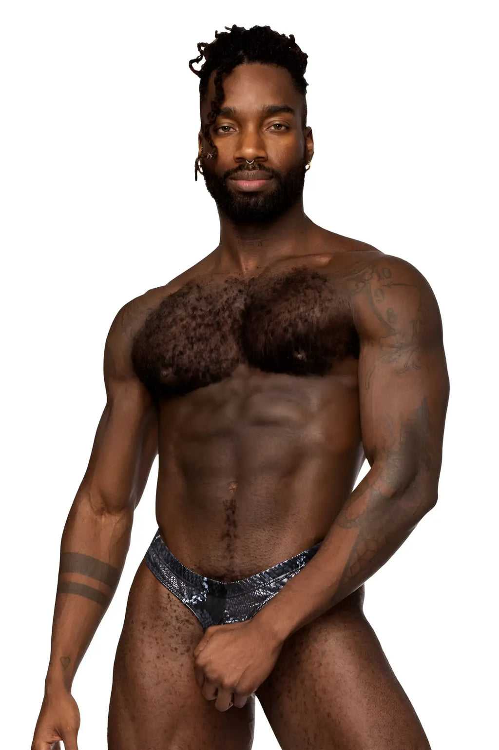 Shiny silver sequined briefs from male power 334-282 s-naked power sock in black and blue with sparkly material