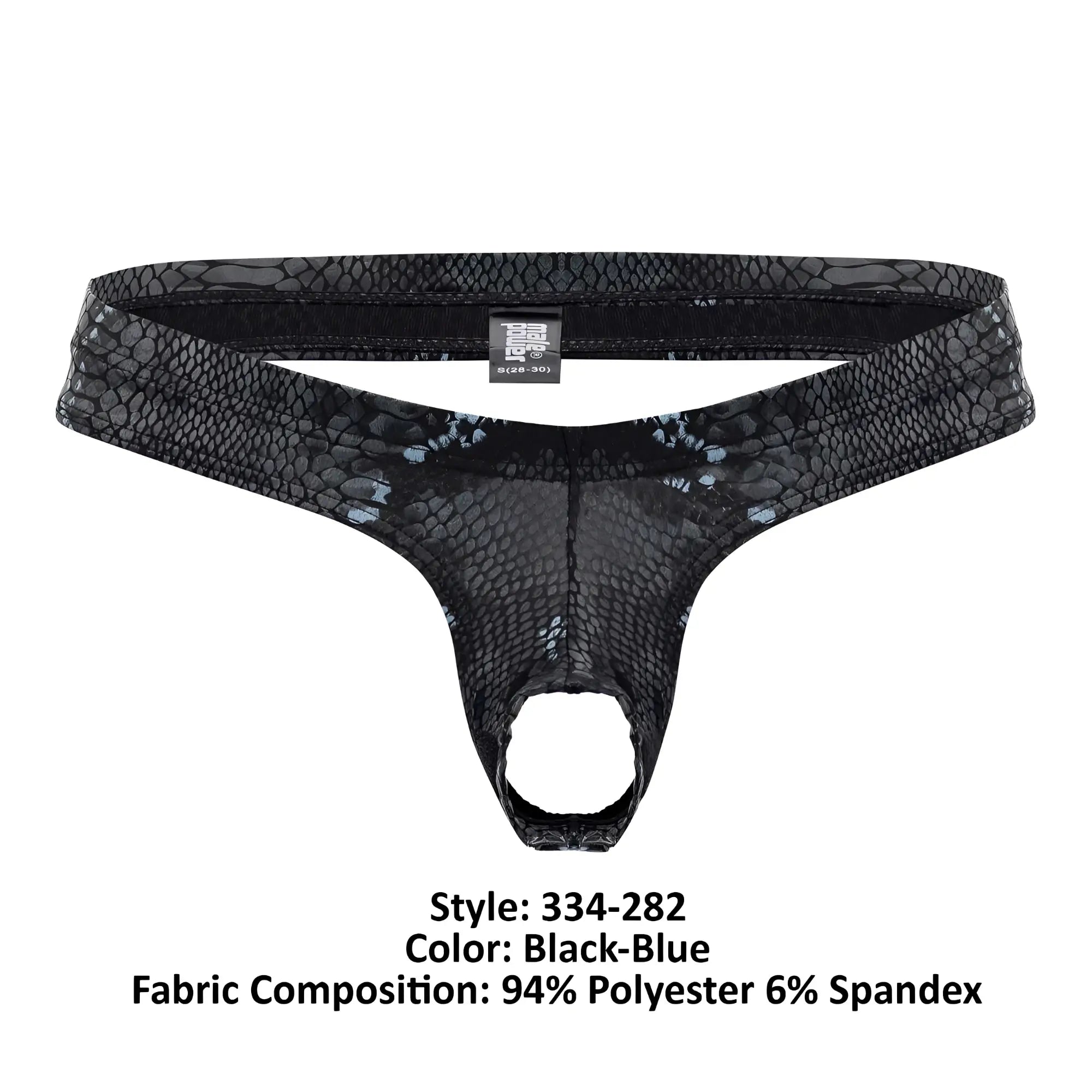 Black-blue snake-skin patterned thong made of 94% polyester 6% spandex by male power model 334-282