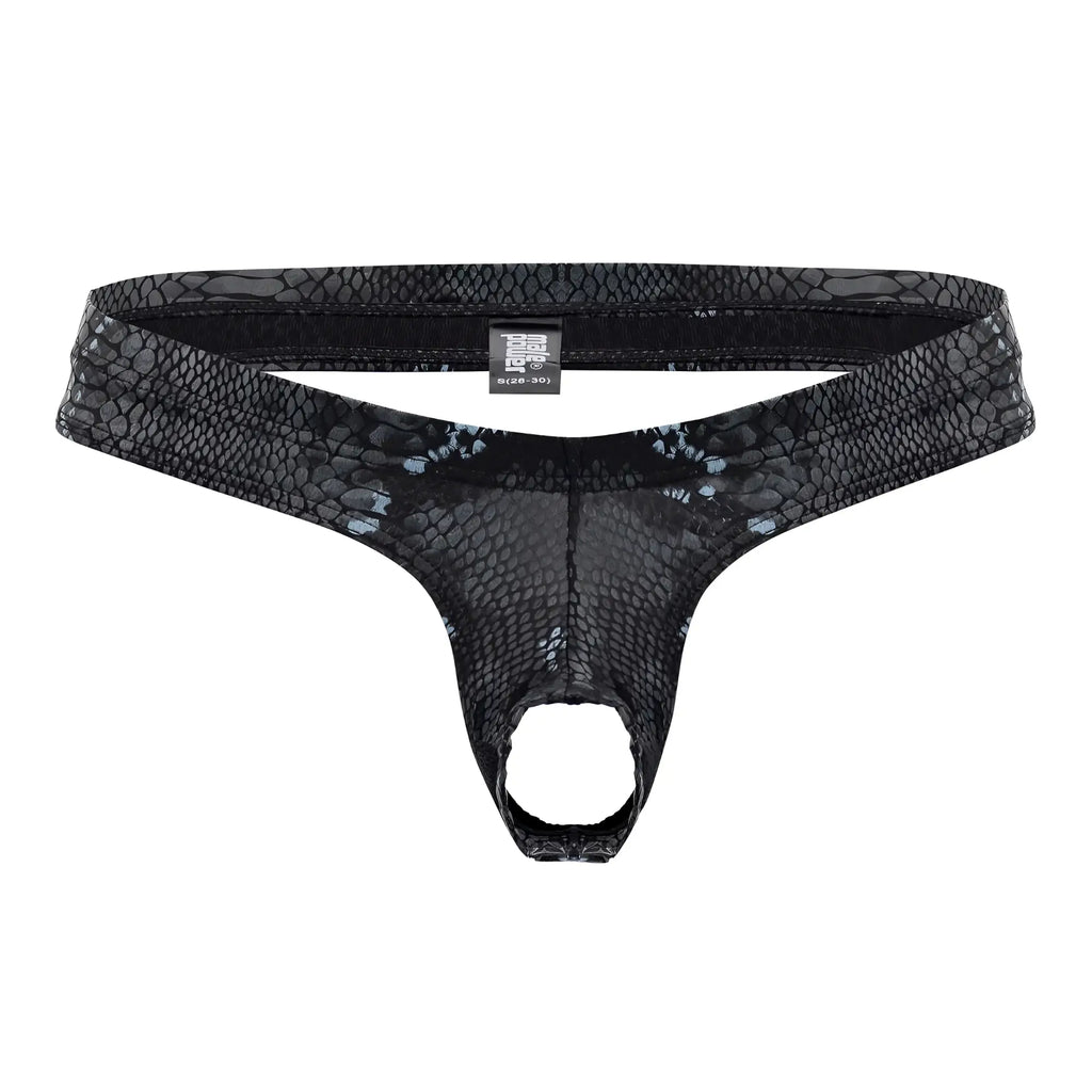 Male power 334-282 black-blue thong with black snake-skin pattern mesh texture and elastic waistband front side