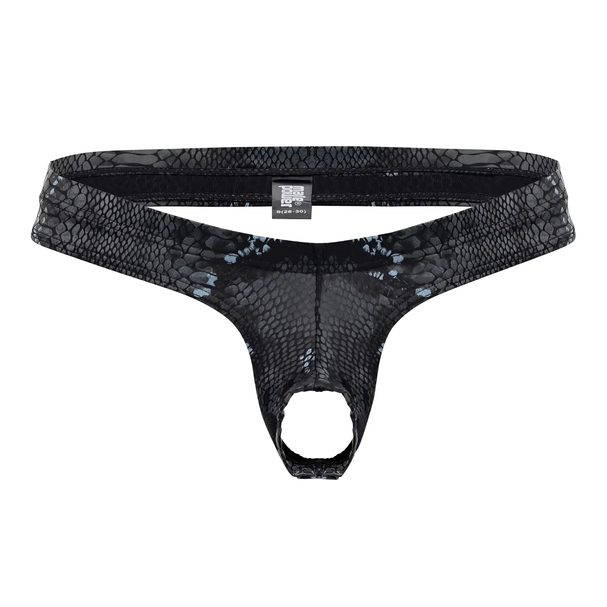 Male power 334-282 black-blue thong with black snake-skin pattern mesh texture and elastic waistband front side