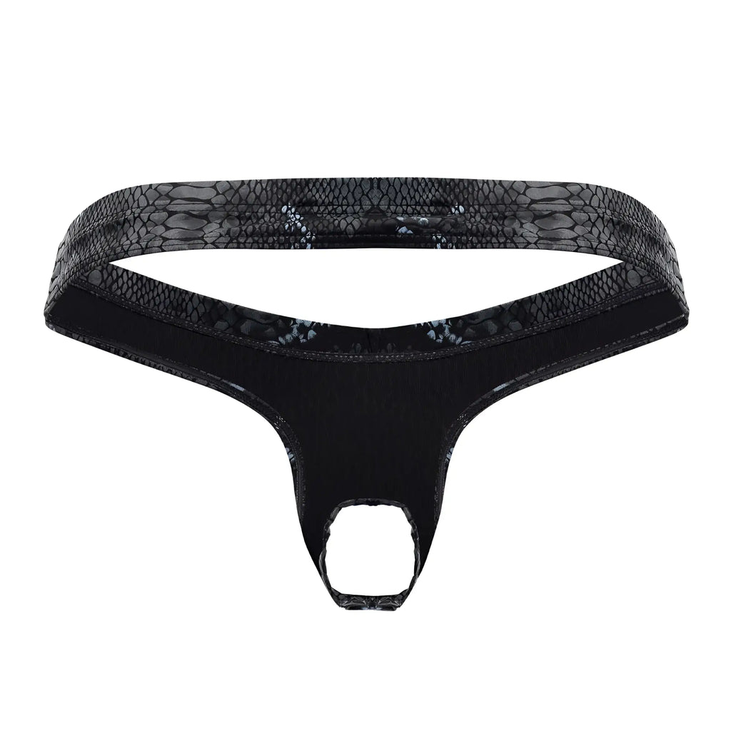 Black thong male power 334-282 s-naked power sock with snakeskin waistband and smooth stretchy fabric visible from back