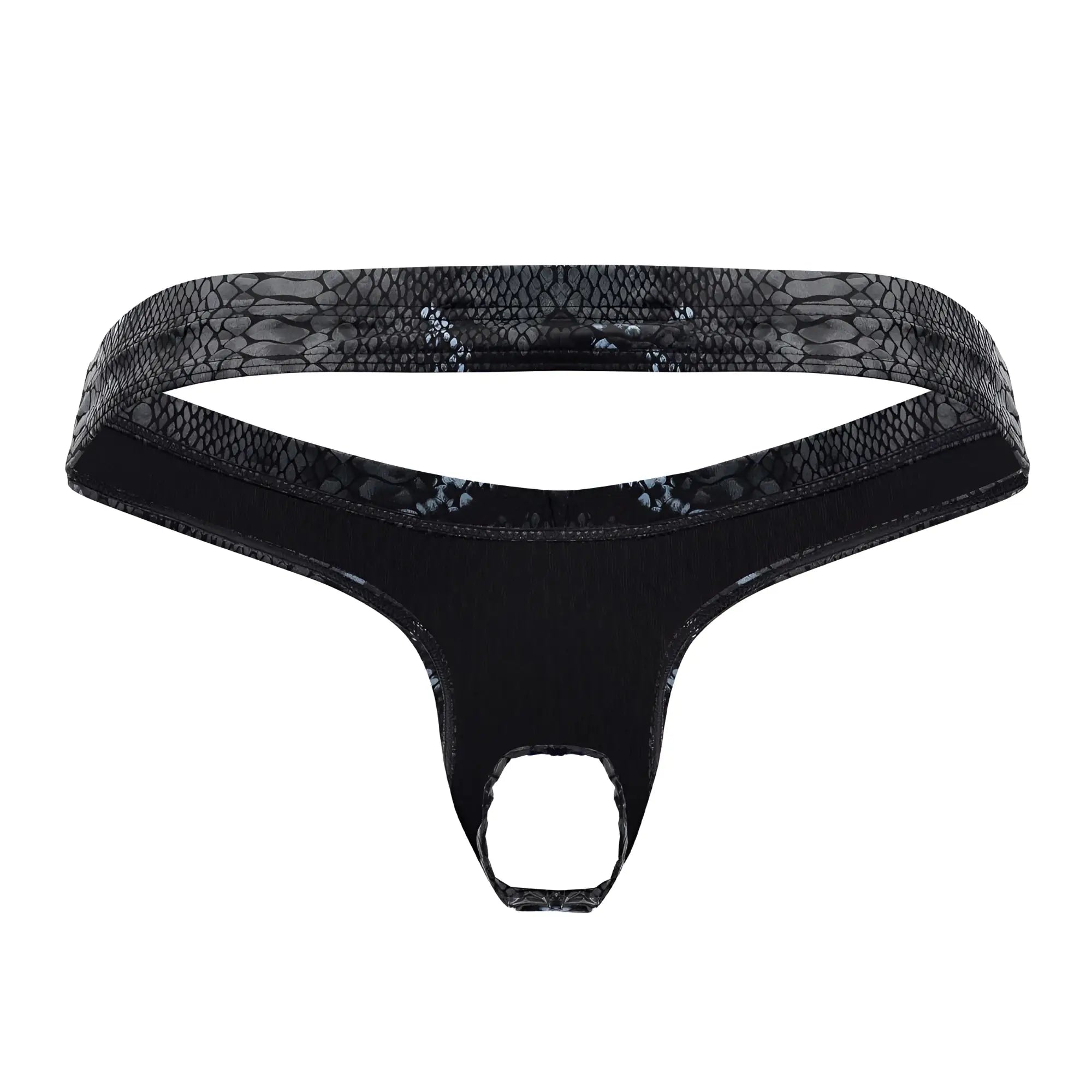 Black thong male power 334-282 s-naked power sock with snakeskin waistband and smooth stretchy fabric visible from back