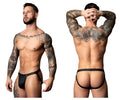 Black leather thong male power 346-298 oh snap snap off jock with adjustable side straps and central button closure