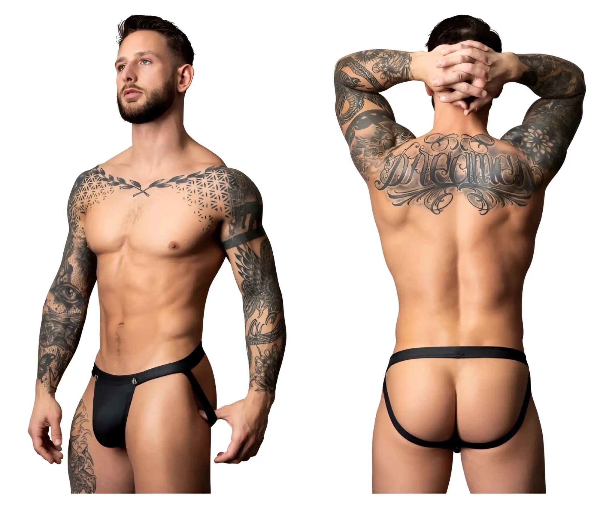 Black leather thong male power 346-298 oh snap snap off jock with adjustable side straps and central button closure