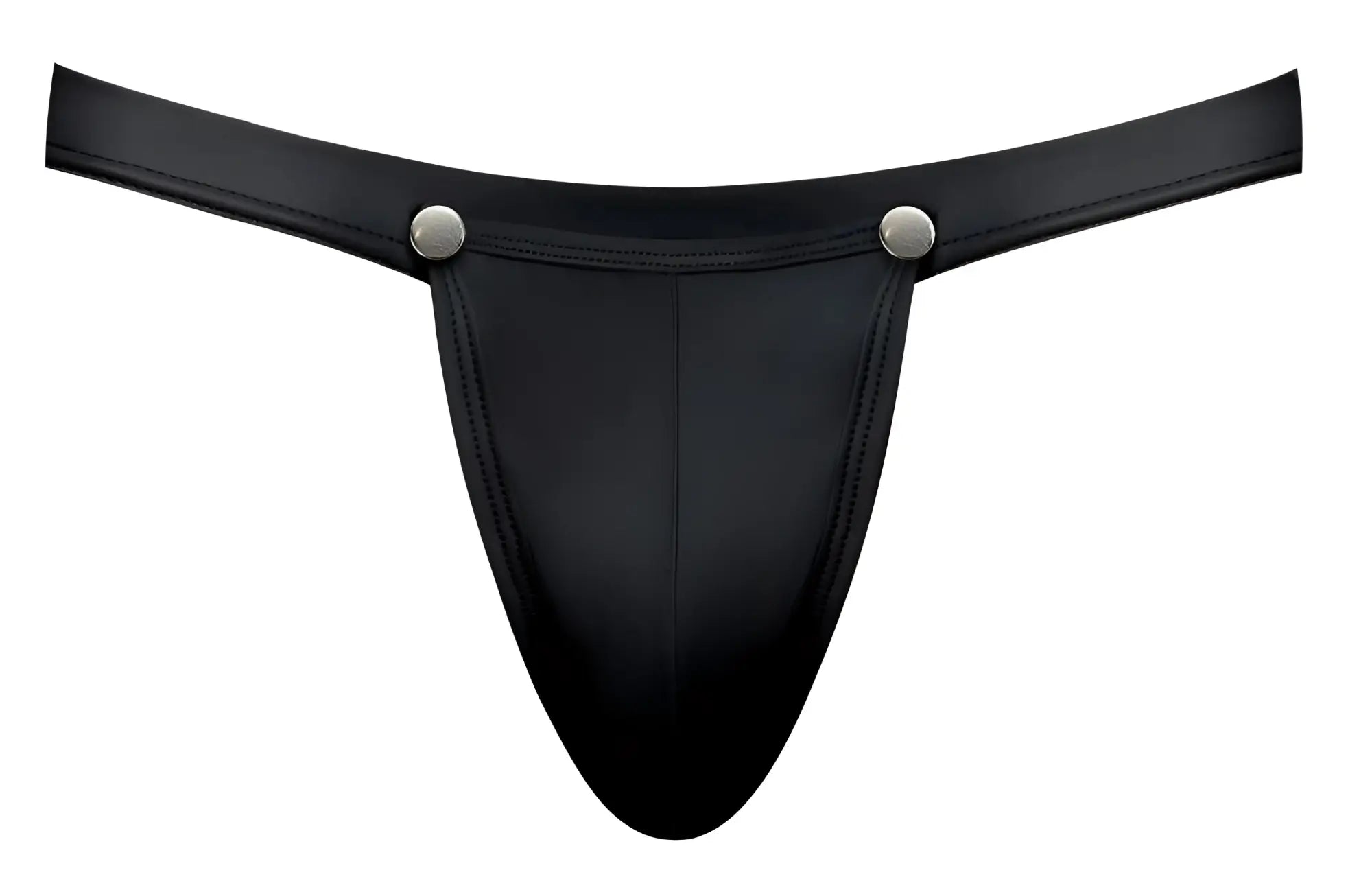 Black leather thong with silver snap buttons by male power designed for easy snap off in black color