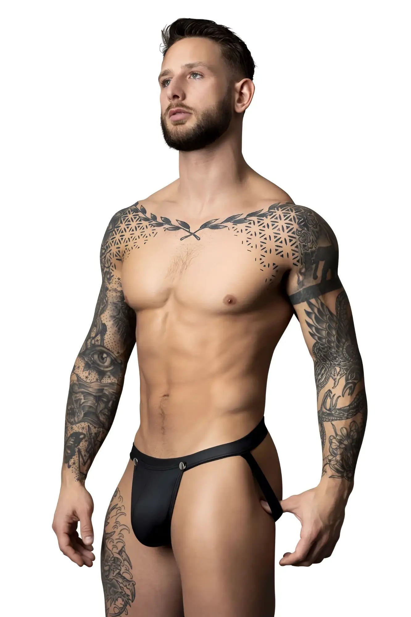 Black leather thong with a small silver logo on the front from Male Power 346-298 Oh Snap Snap Off Jock in black color