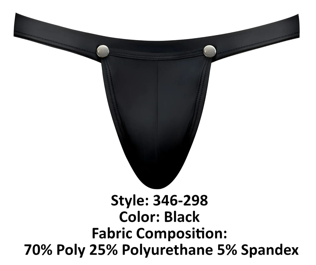 Black male power 346-298 oh snap snap off jock thong with glossy finish and two silver snap buttons at waistband