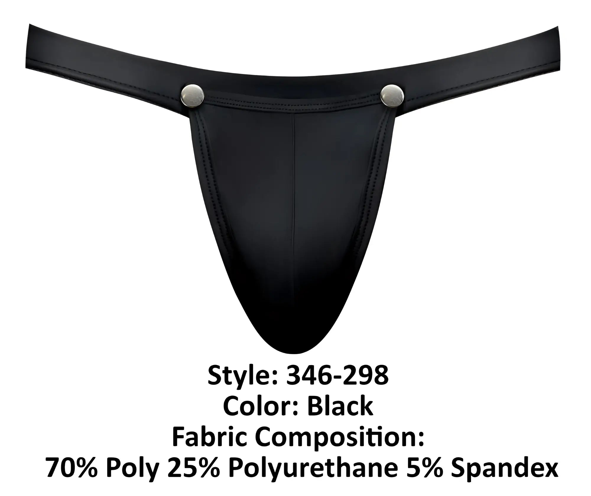 Black male power 346-298 oh snap snap off jock thong with glossy finish and two silver snap buttons at waistband