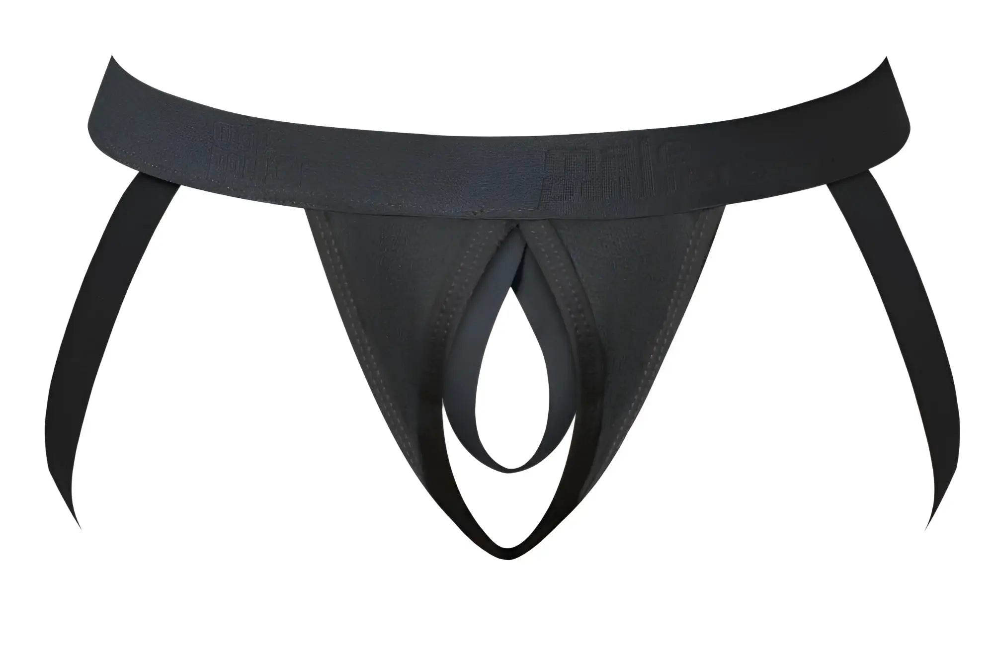 Black male power 348-304 open ended jock open front thong with wide elastic waistband and subtle embossed branding