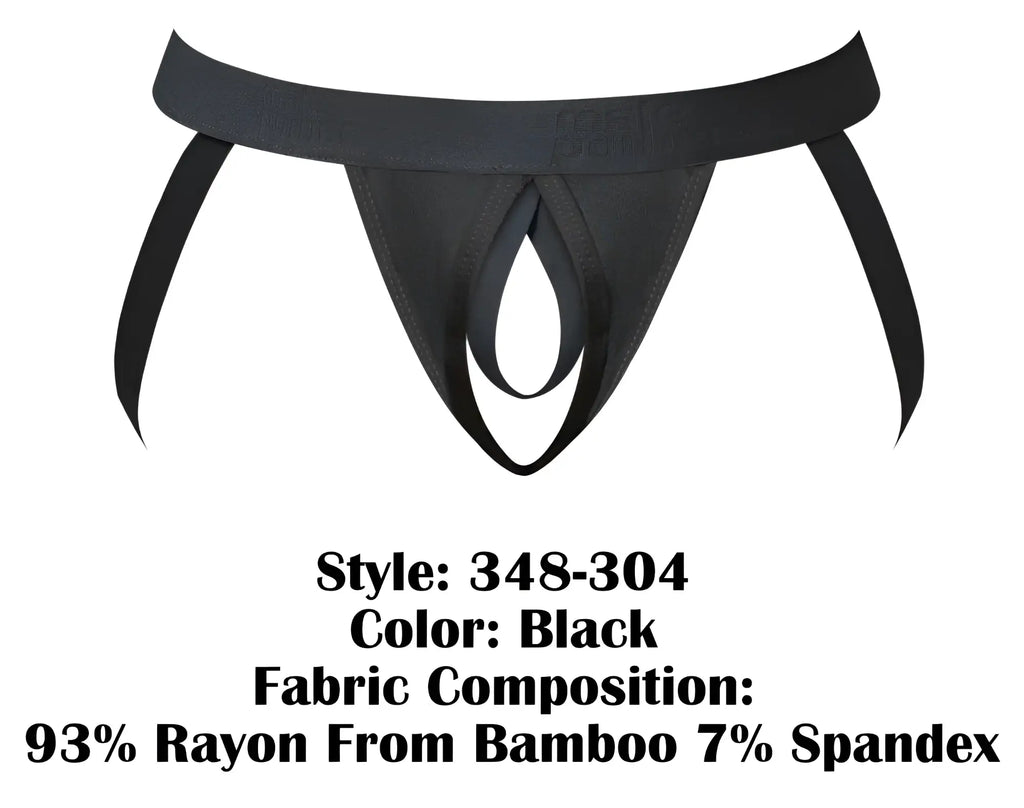 Male power 348-304 black thong with wide waistband and side ties made from 93% rayon bamboo and 7% spandex