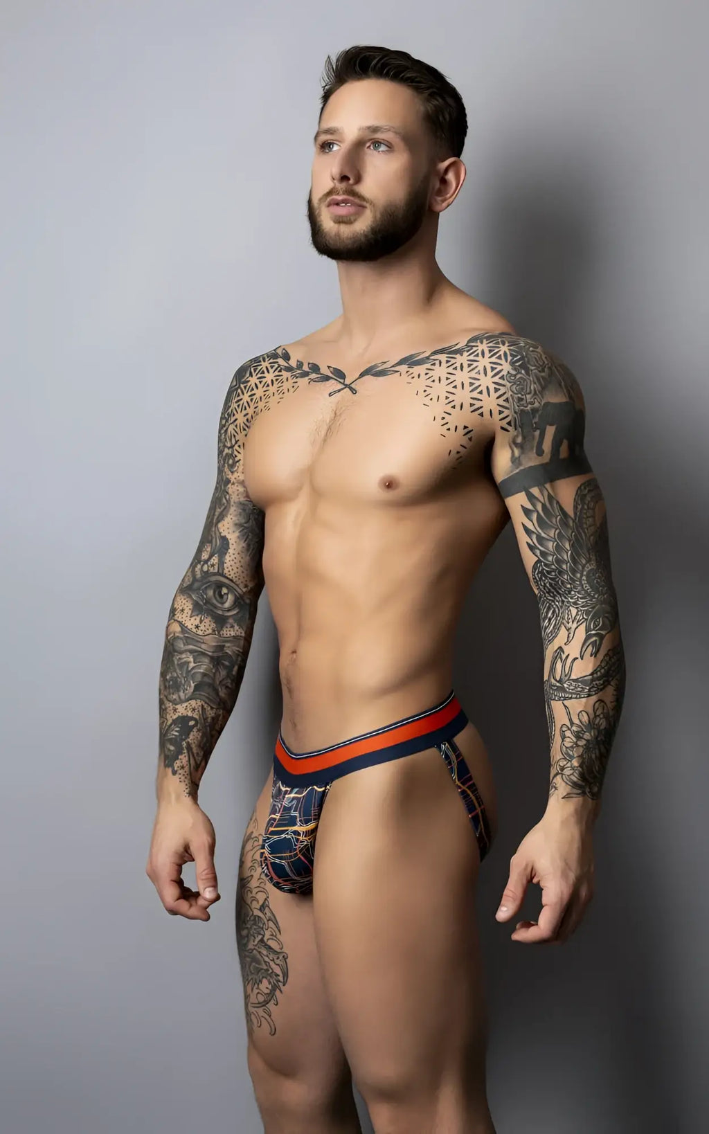 Male power 349-299 soo cumfy jock navy-orange men’s briefs with blue and orange geometric patterned fabric