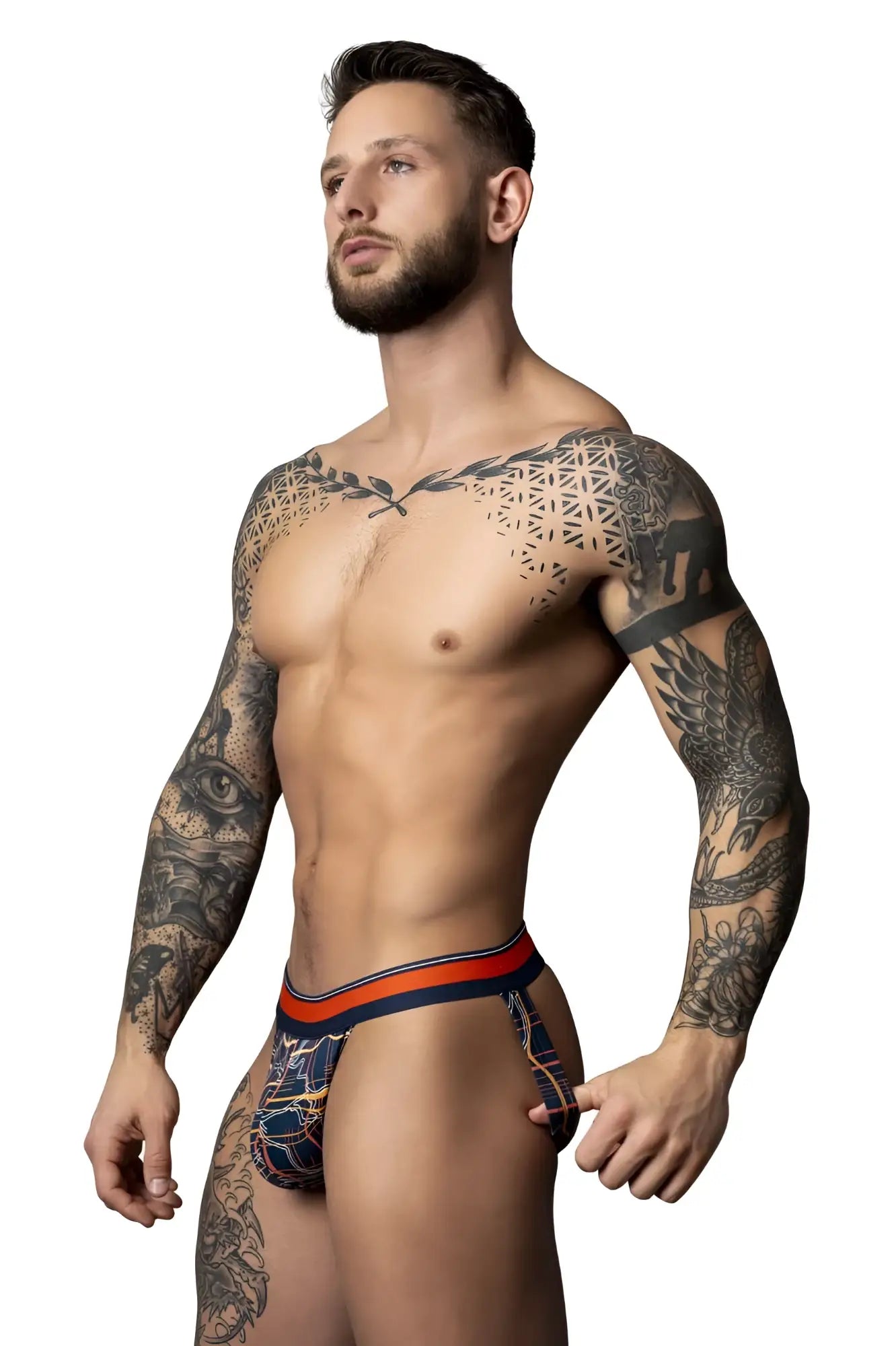 Male power 349-299 soo cumfy jock navy orange patterned men’s briefs with geometric design for comfortable wear