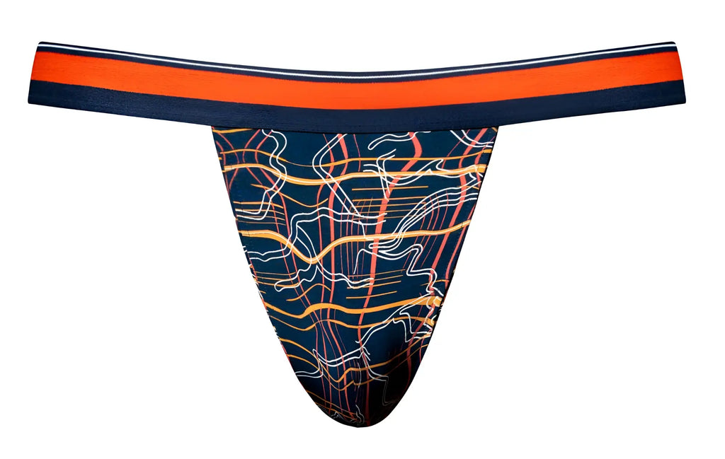 Male power 349-299 soo cumfy jock thong in navy blue with vibrant orange waistband and abstract yellow white coral lines