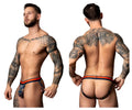 Men’s black and orange male power 349-299 soo cumfy jock briefs with geometric pattern in navy and orange
