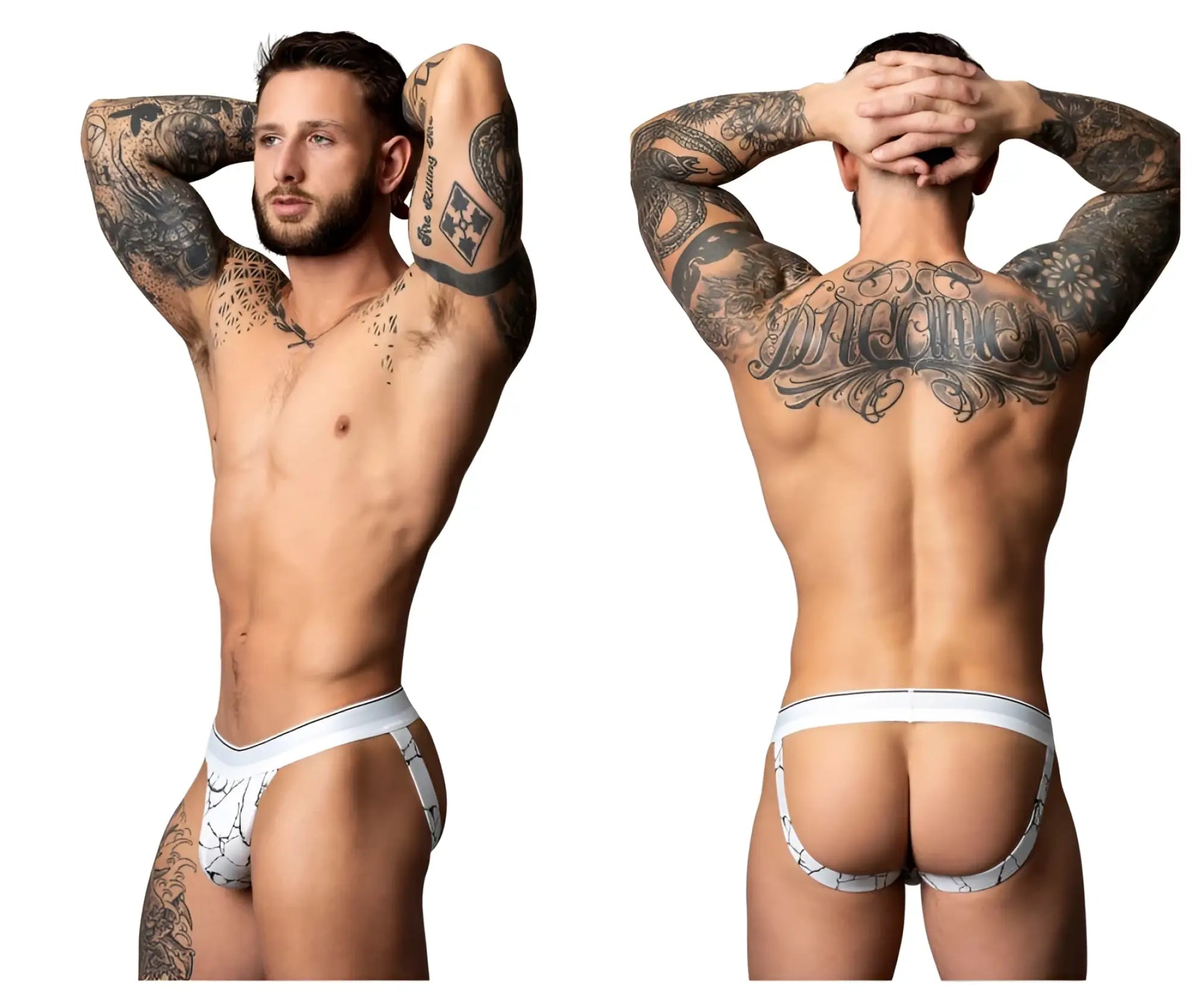 Male power 349-299 soo cumfy jock white-black briefs with white marble pattern and sleek modern design