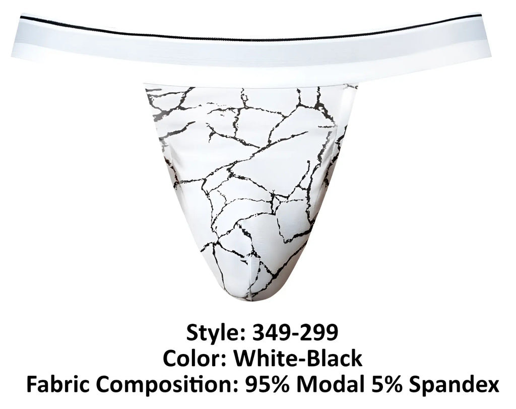 Male power 349-299 soo cumfy jock thong in white and black marble pattern with white elastic waistband front view