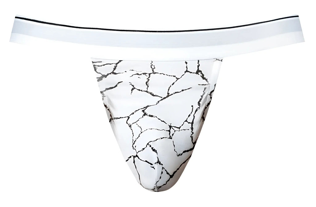 White-black male power 349-299 soo cumfy jock with white thong, black marble crack pattern, and thin white waistband