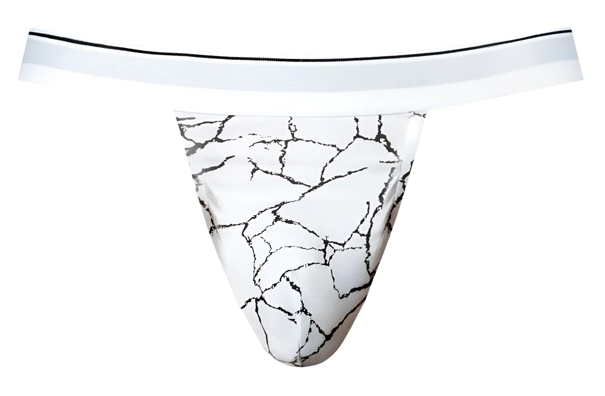 White-black male power 349-299 soo cumfy jock with white thong, black marble crack pattern, and thin white waistband
