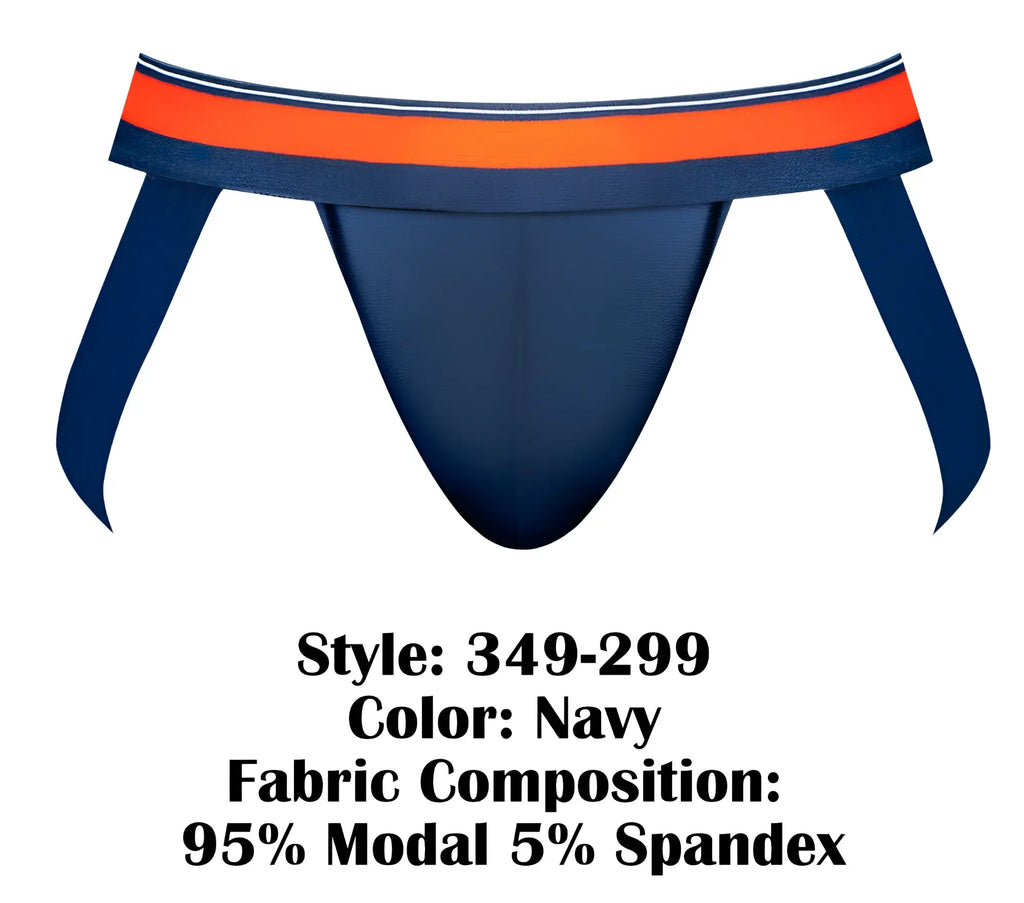 Male Power 349-299 soo cumfy jockstrap in navy with bold orange and white striped waistband for athletic support