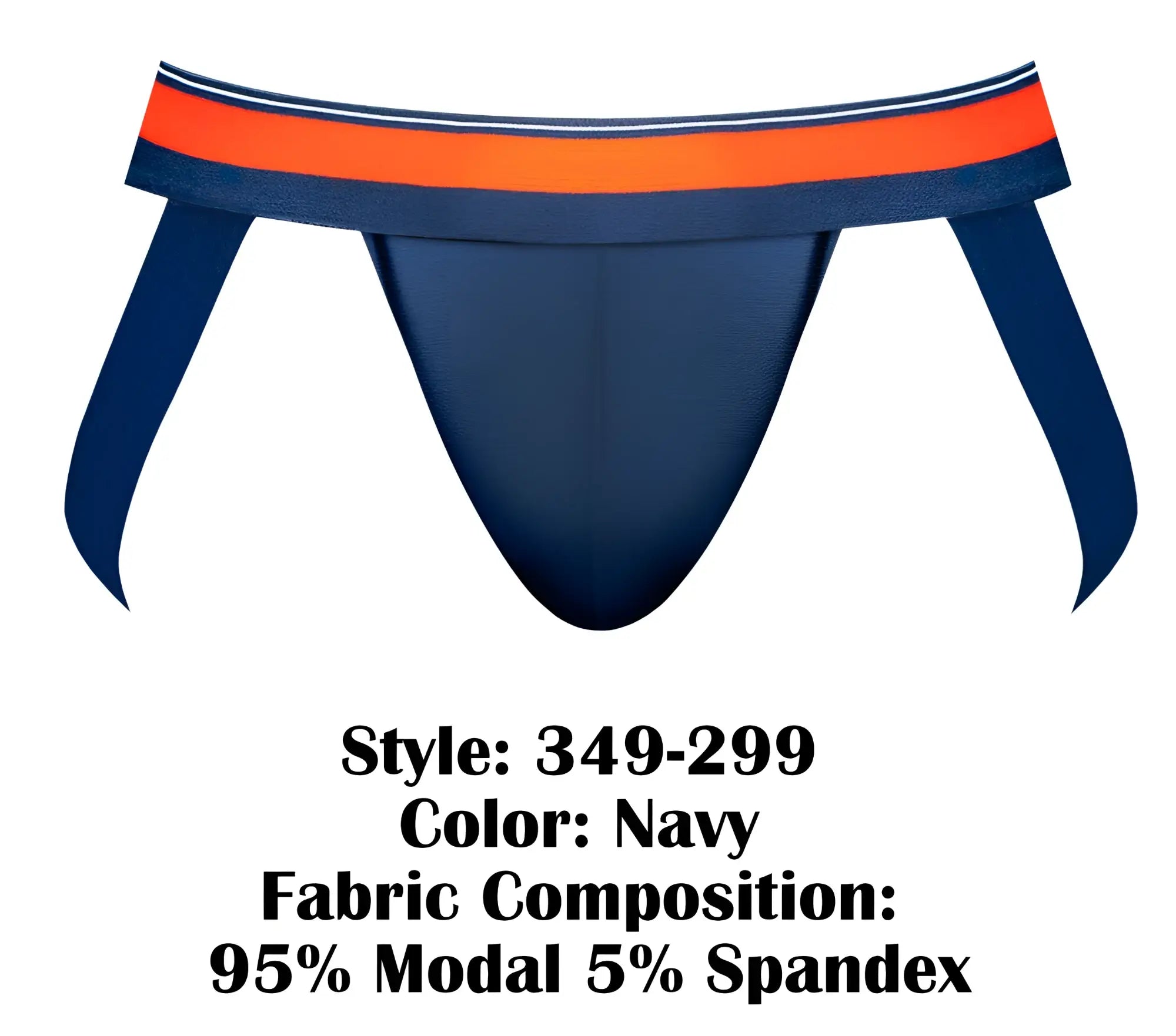 Male Power 349-299 soo cumfy jockstrap in navy with bold orange and white striped waistband for athletic support