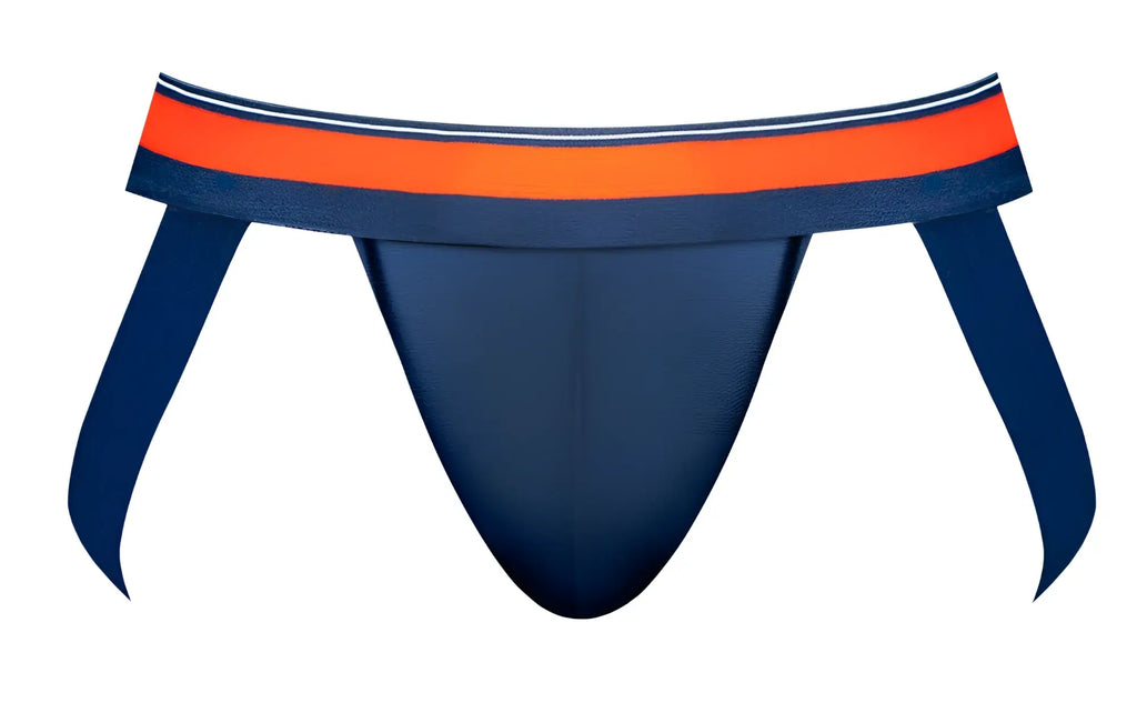 Male power 349-299 soo cumfy navy blue athletic briefs with bold orange and white striped waistband front view