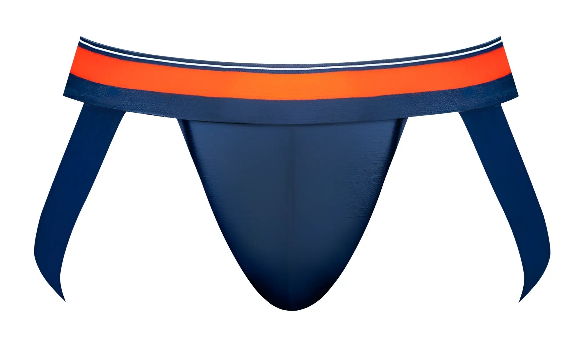 Male power 349-299 soo cumfy navy blue athletic briefs with bold orange and white striped waistband front view