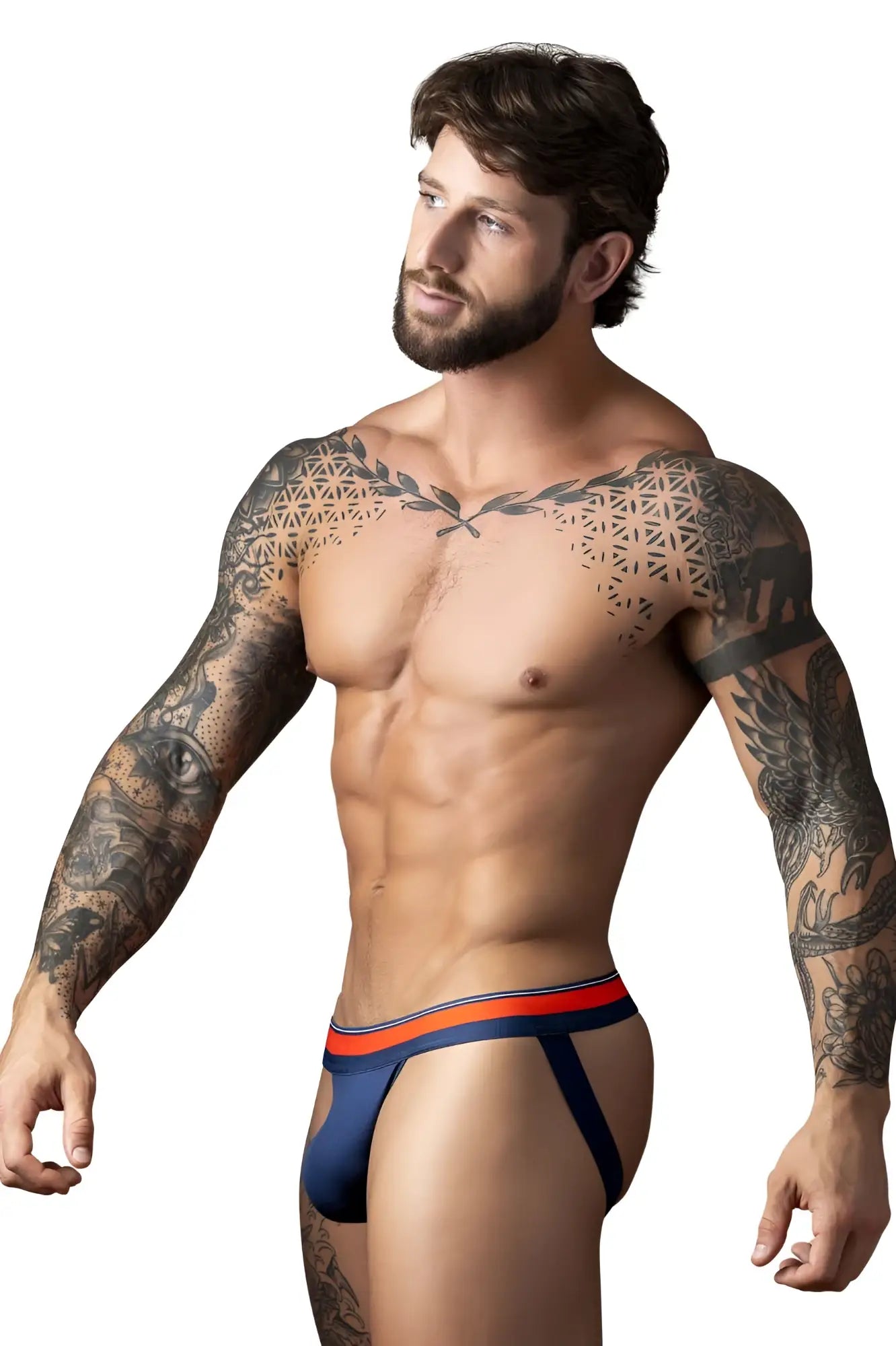 Navy blue and orange male power 349-299 soo cumfy athletic briefs with supportive contoured design