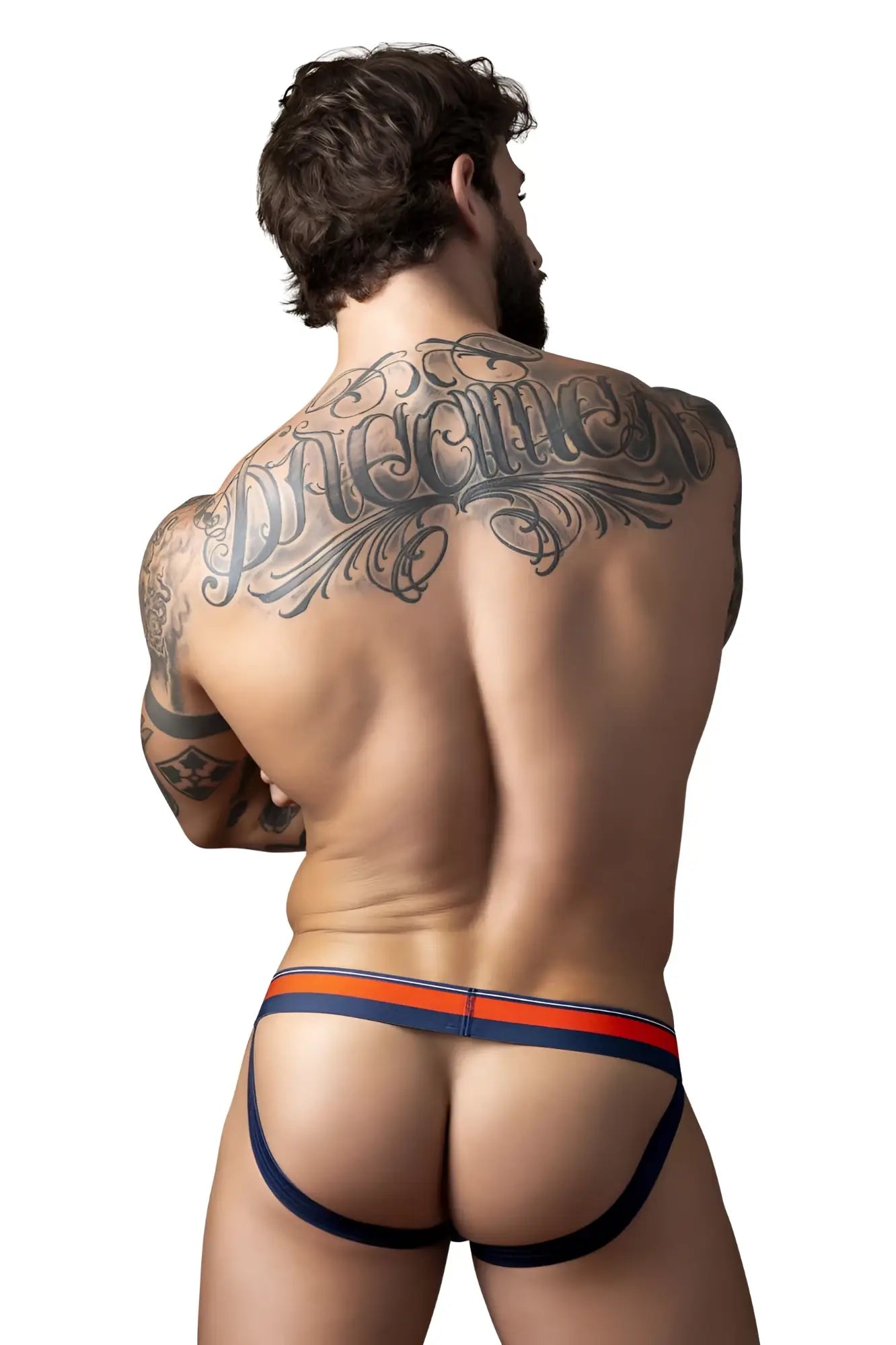 Male power 349-299 soo cumfy jockstrap in navy with orange stripes and a sleek form-fitting design