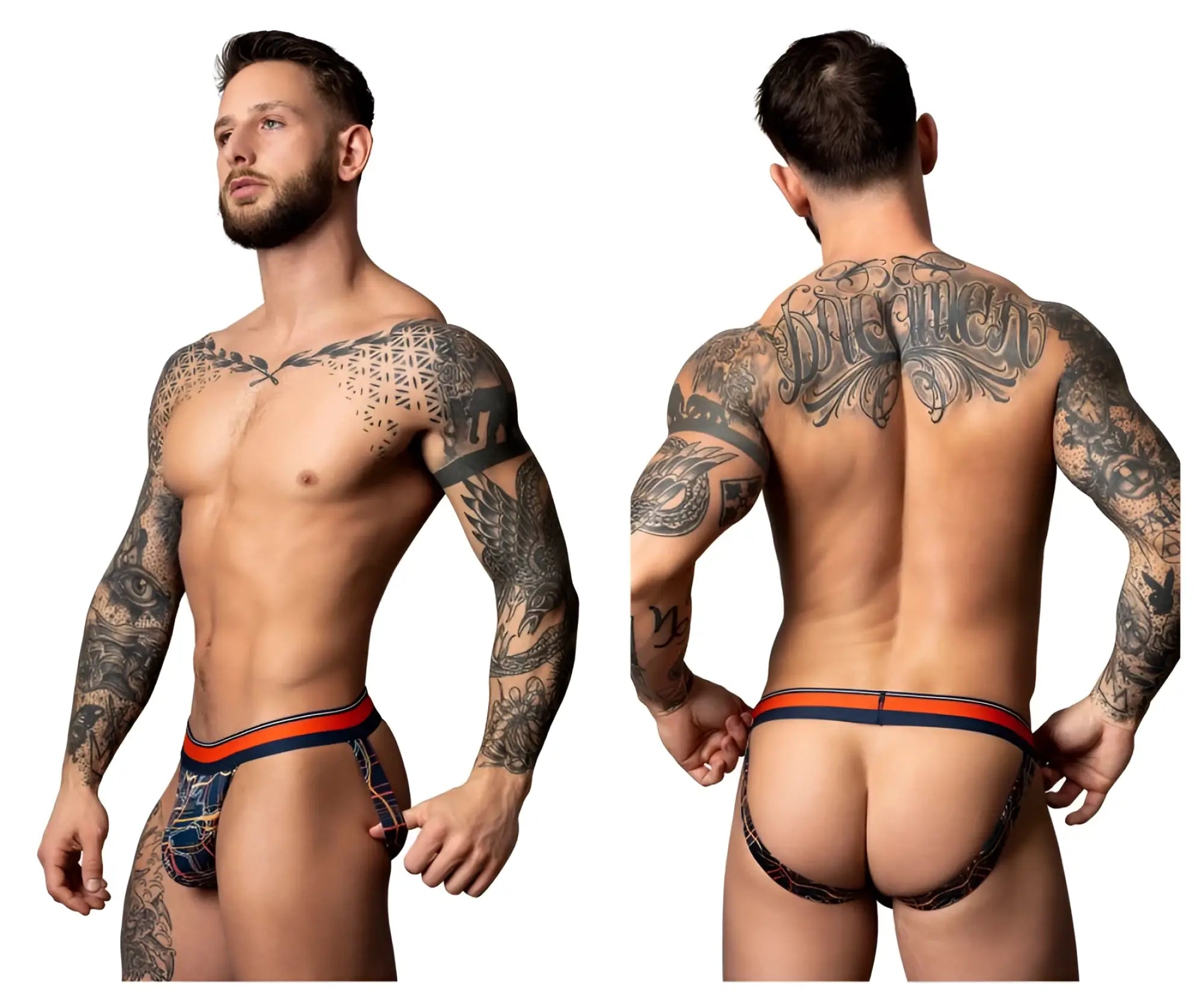 Male power 349-299 soo cumfy jockstrap in navy featuring black and orange geometric patterned briefs for men