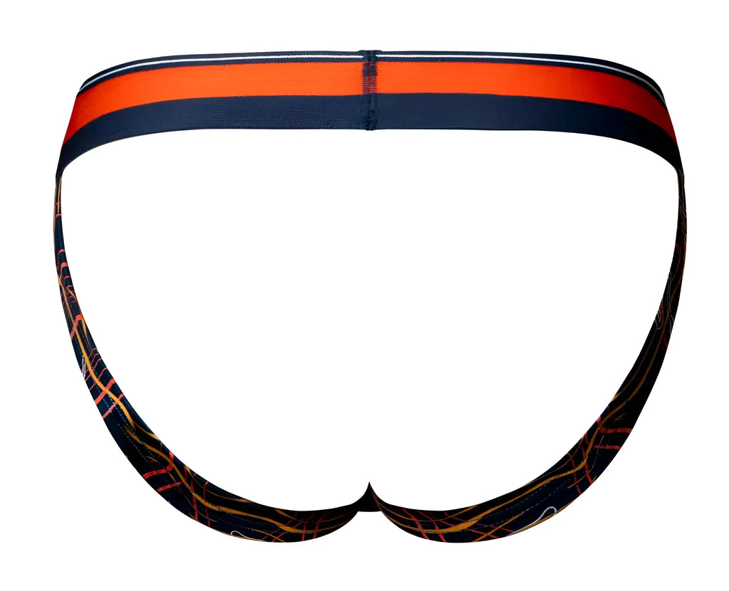 Male power 349-299 soo cumfy jockstrap with orange and navy blue striped waistband and black fabric with orange yellow lines