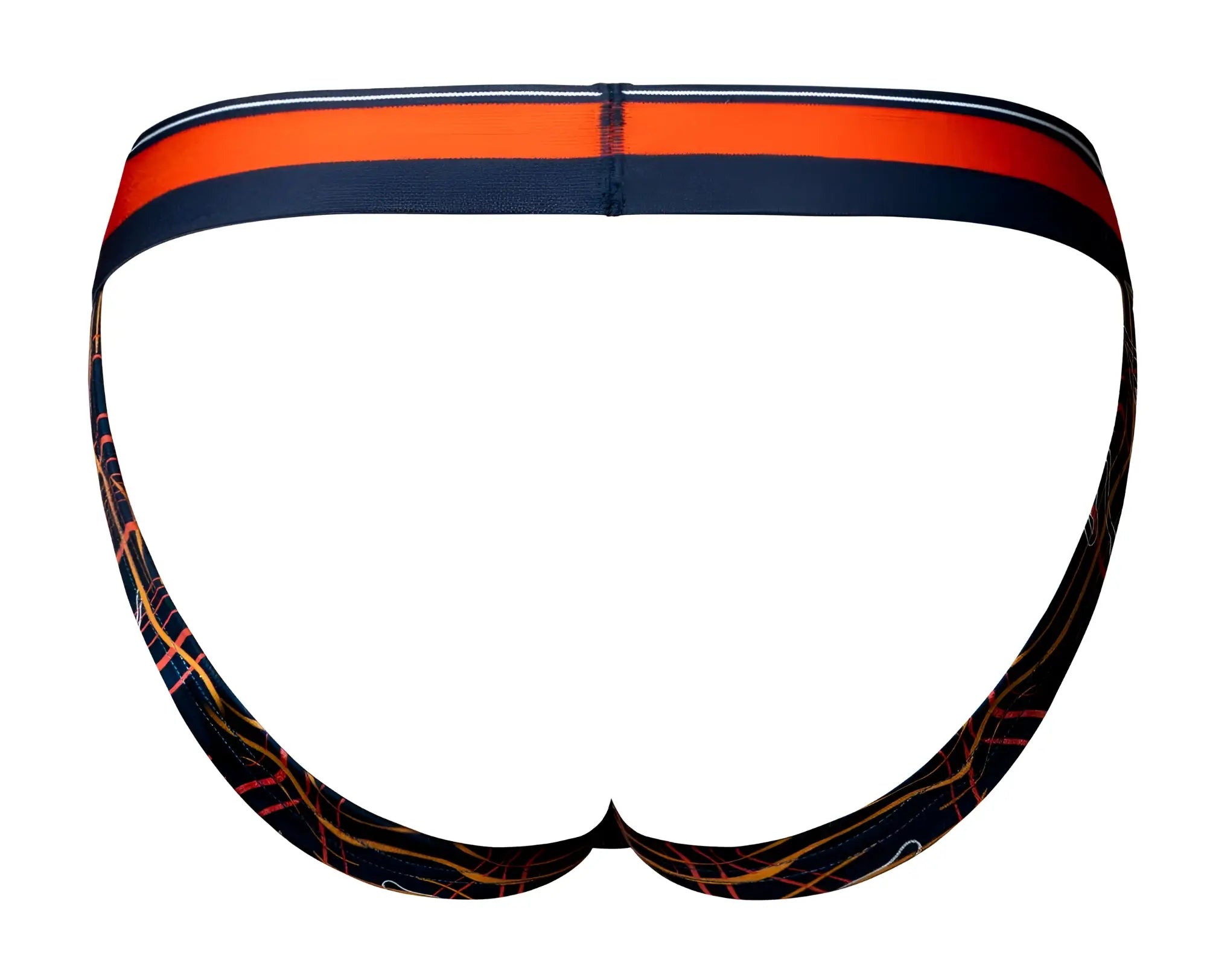 Male power 349-299 soo cumfy jockstrap with orange and navy blue striped waistband and black fabric with orange yellow lines