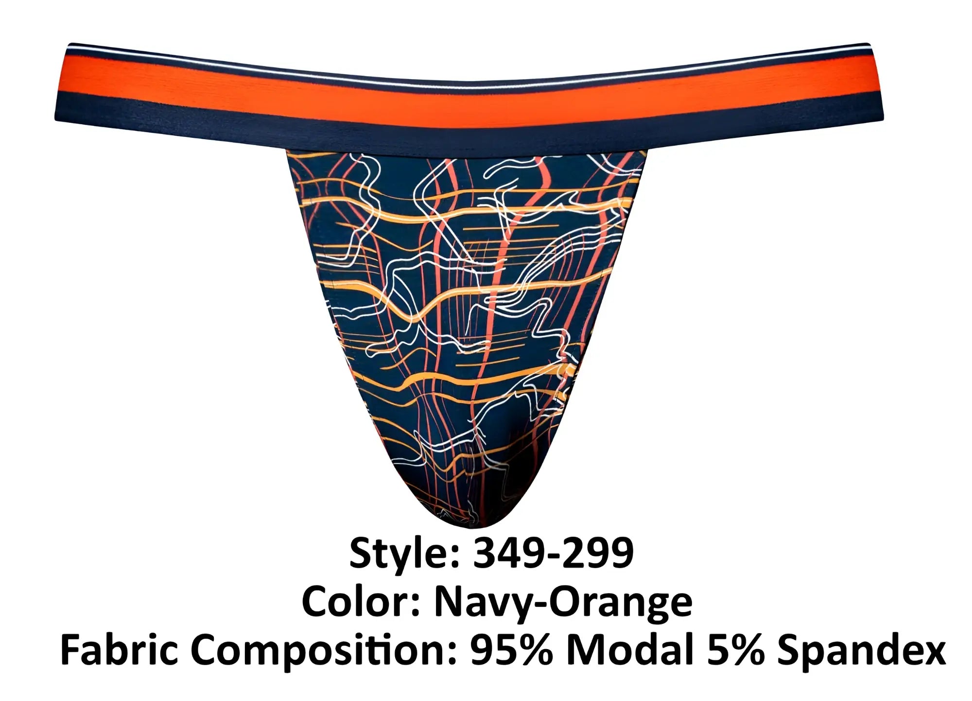Male power 349-299 soo cumfy jockstrap navy with navy orange thong and bold abstract orange white yellow line pattern