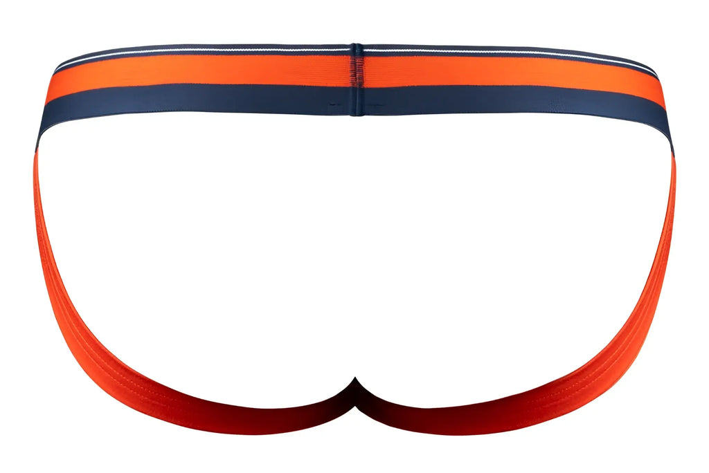 Male power 349-299 soo cumfy jockstrap in orange with navy blue stripes and red gradient trim for athletic support