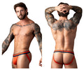 Male power 349-299 soo cumfy jockstrap in orange with navy blue stripes and a snug athletic fit