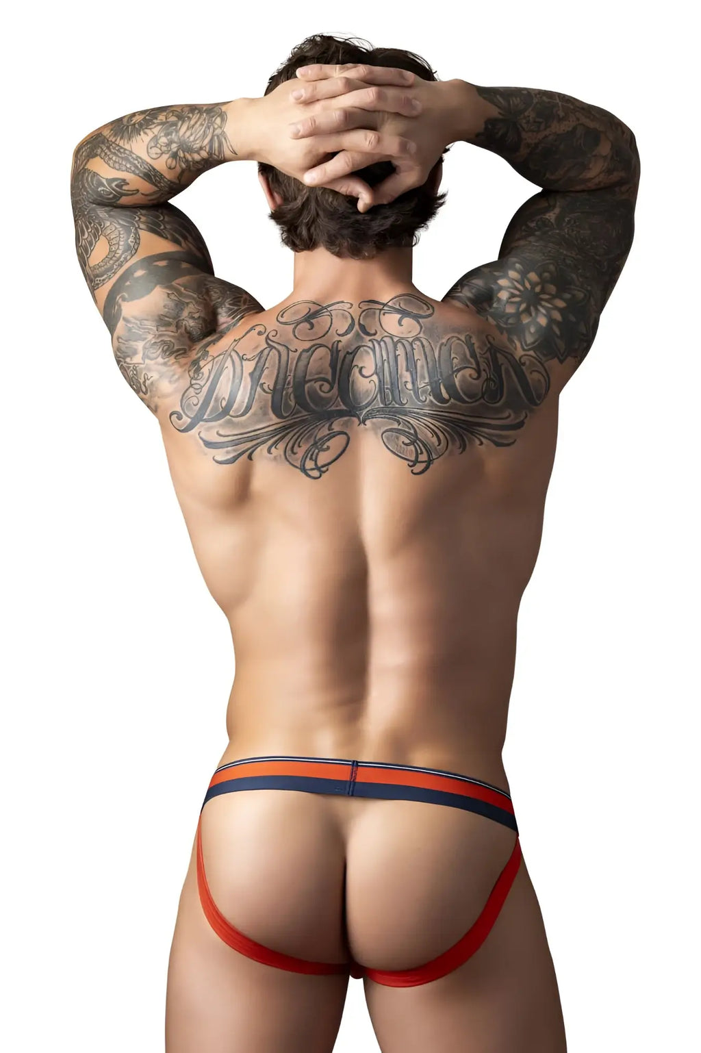 Male power 349-299 soo cumfy jockstrap in orange with snug red and navy blue athletic briefs design for comfort