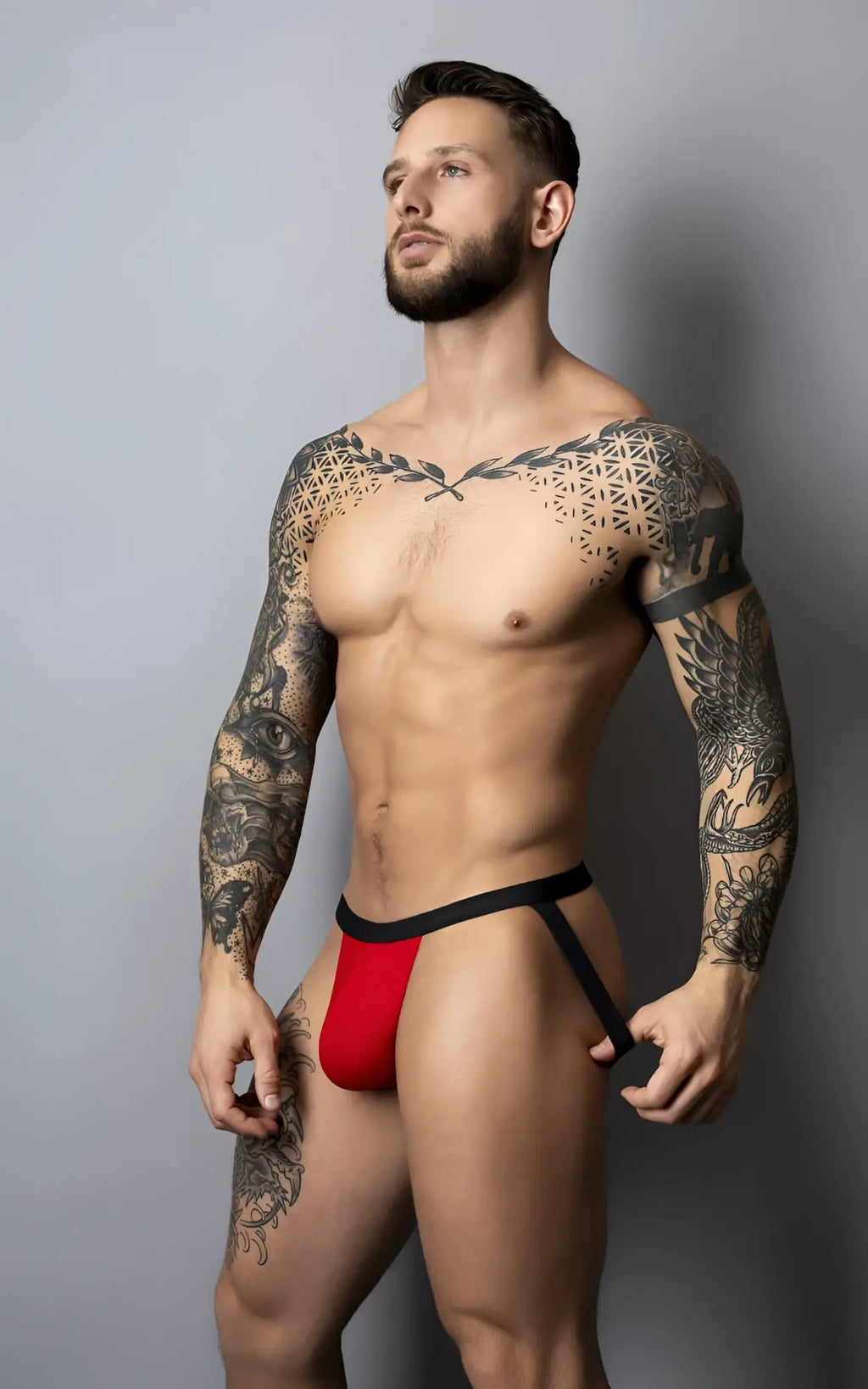 Male power 349-300 hot mesh jock black-red athletic briefs with bold red and black modern design and breathable mesh material