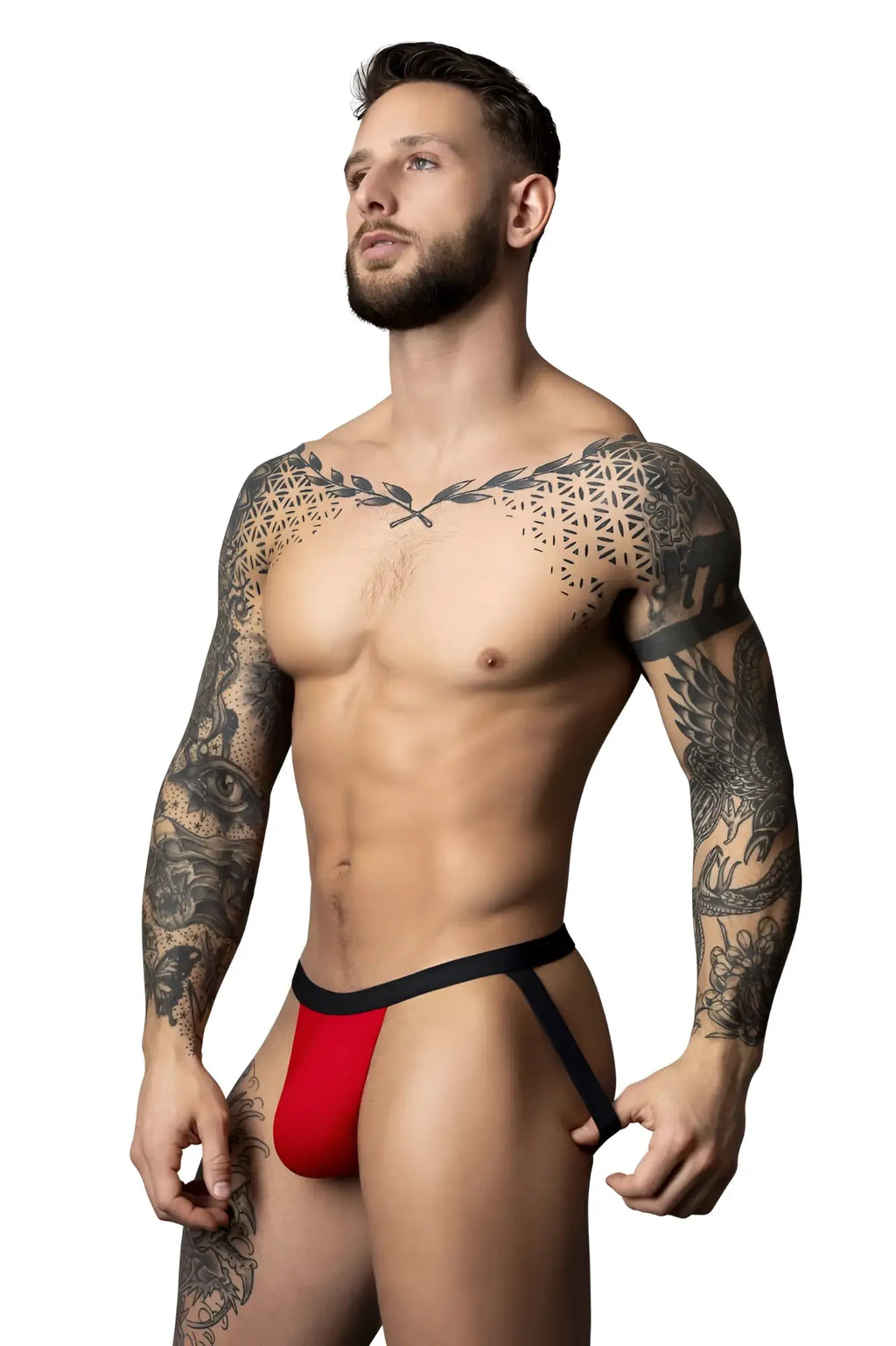 Male power 349-300 hot mesh jock in red and black features a bold modern design with breathable mesh fabric