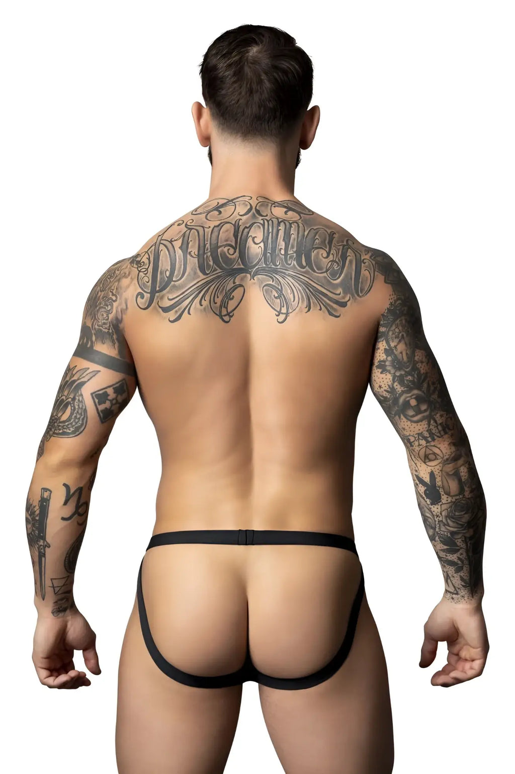 Black sleek form-fitting male power 349-300 hot mesh jock thong underwear in black and red shown from the back