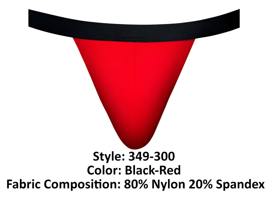 Male power 349-300 hot mesh jock black and red thong with black elastic waistband made of 80 nylon 20 spandex