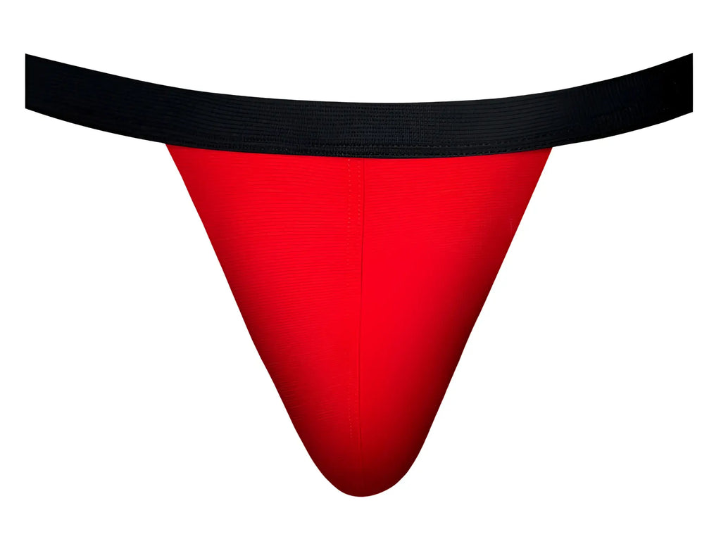 Male power 349-300 hot mesh jock featuring red thong with black elastic waistband in breathable mesh material